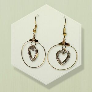 Hand Crafted Gold Heart Hoop Earrings with Clear Crystals